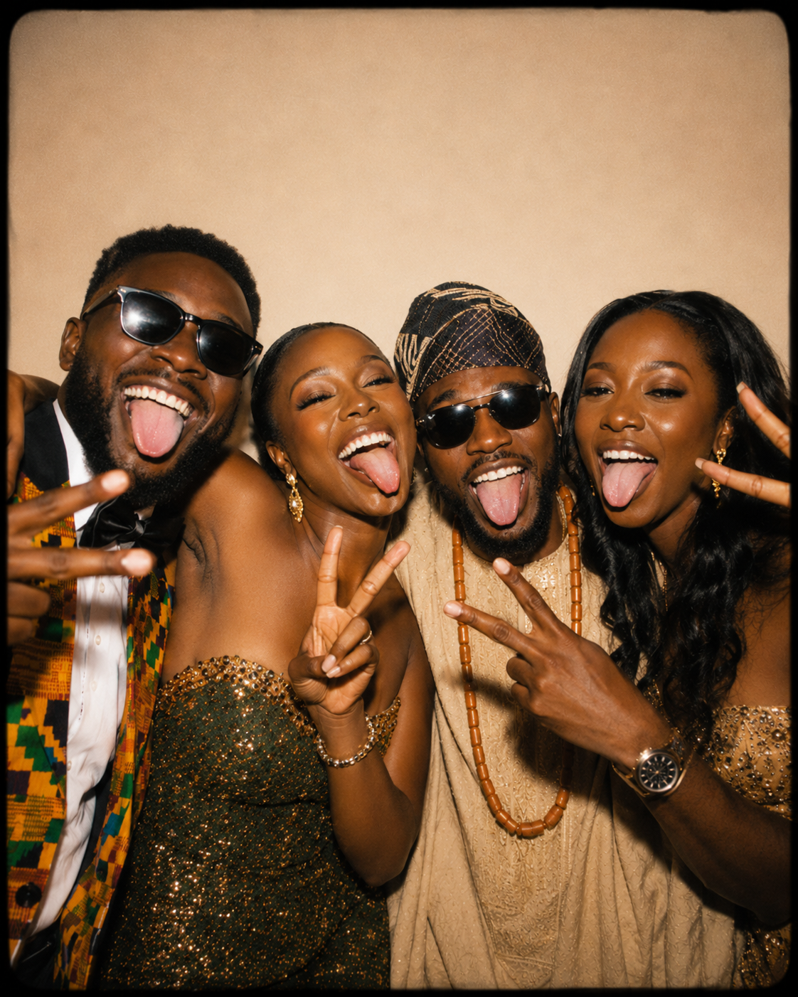 Four guests mid-laugh, throwing peace signs and tongues out inside the Golden Frames booth